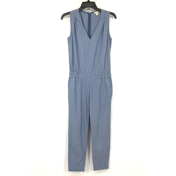J.Crew Jumpsuit Blue Chambray Sleeveless V Neck Skinny Pockets - Picture 1 of 10
